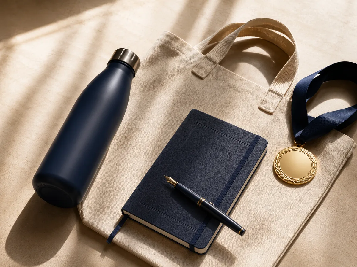 OneInfyn reward kit: insulated bottle, canvas tote, notebook, fountain pen and a gold medal