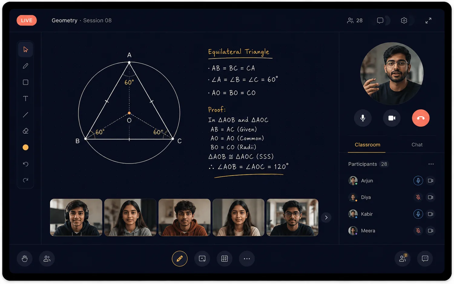 OneInfyn live class interface showing a geometry proof on a shared whiteboard